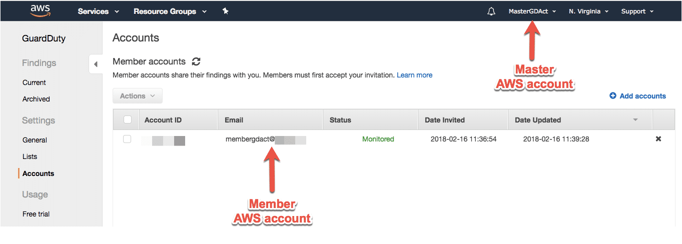 Screenshot of Amazon GuardDuty Master and Member Accounts