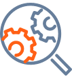 Icon of magnifying glass viewing two gears